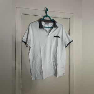 White Denim & Flower polo shirt with black collar
Size Large
In great condition